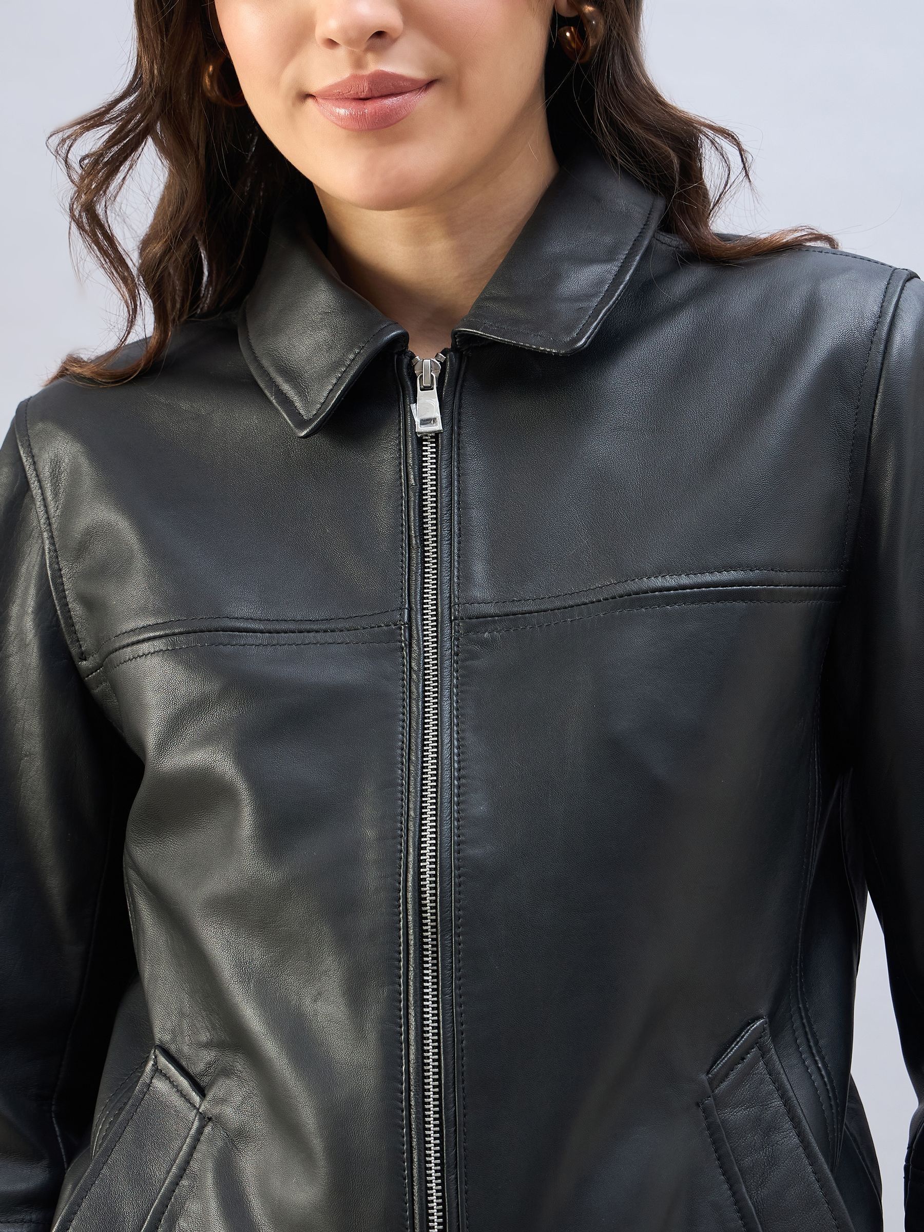 Buy Urban Code Black Boxy Zip Trucker Leather Jacket from