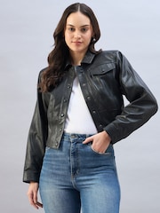Urban Code Black Fitted Leather Trucker Jacket - Image 1 of 5