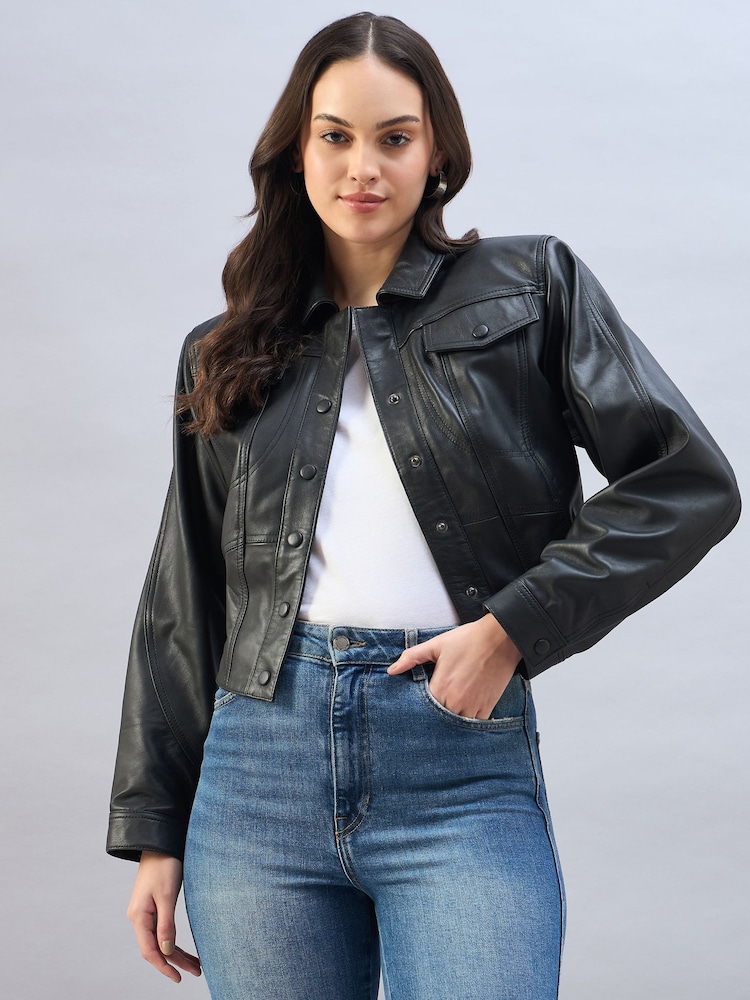 Urban Code Black Fitted Leather Trucker Jacket - Image 1 of 5