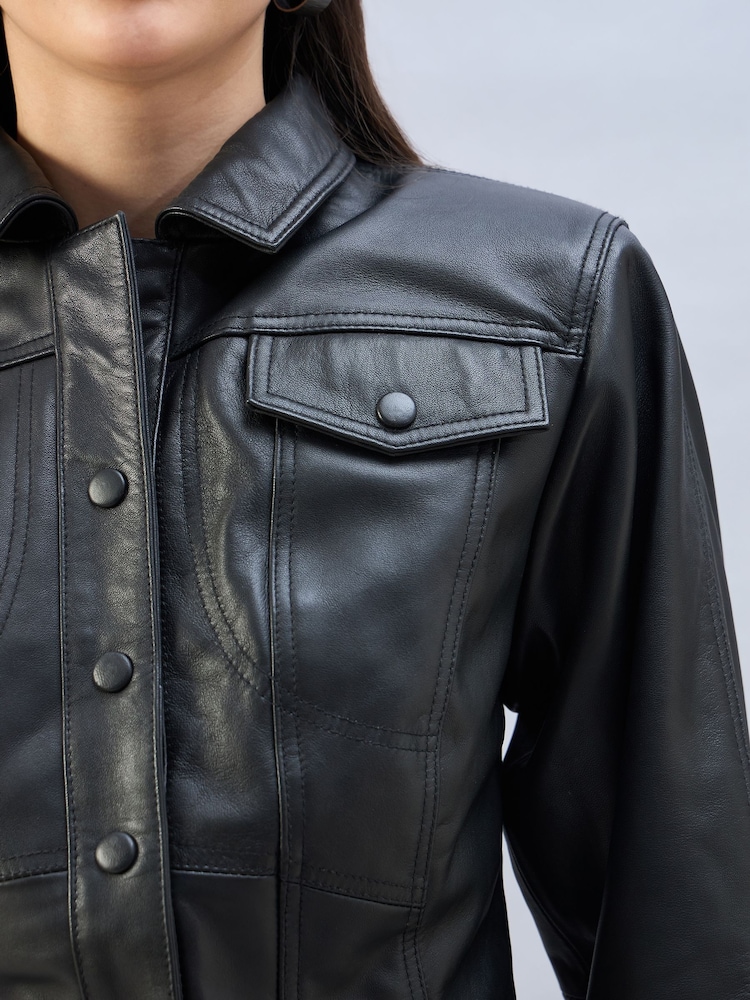 Urban Code Black Fitted Leather Trucker Jacket - Image 3 of 5