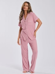 Loungeable Pink Rib Jersey Short Sleeve Traditional And Long Pyjamas - Image 1 of 5