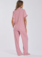 Loungeable Pink Rib Jersey Short Sleeve Traditional And Long Pyjamas - Image 2 of 5
