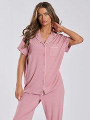 Loungeable Pink Rib Jersey Short Sleeve Traditional And Long Pyjamas - Image 3 of 5