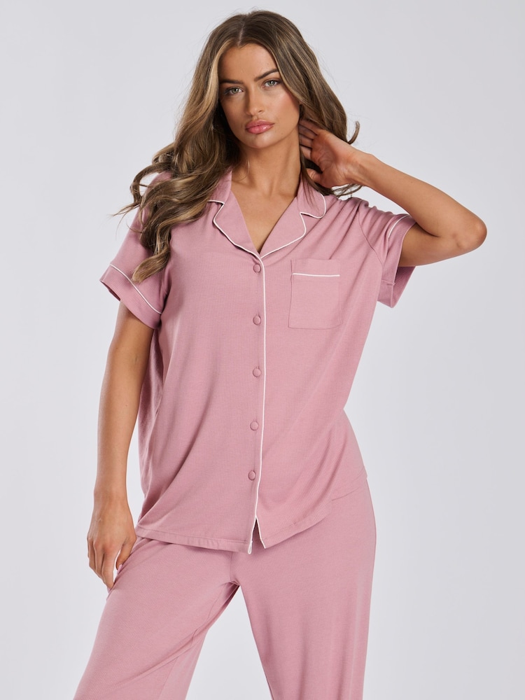 Loungeable Pink Rib Jersey Short Sleeve Traditional And Long Pyjamas - Image 3 of 5