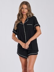 Schwarz - Loungeable Rippen-Jersey Kurzarm-Traditionsset mit Shorts - Bild 3 von 6