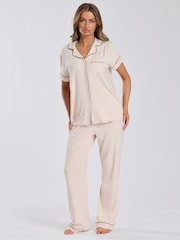 Loungeable Cream Rib Jersey Short Sleeve Traditional And Long Pyjamas - Image 1 of 4