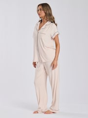 Loungeable Cream Rib Jersey Short Sleeve Traditional And Long Pyjamas - Image 2 of 4
