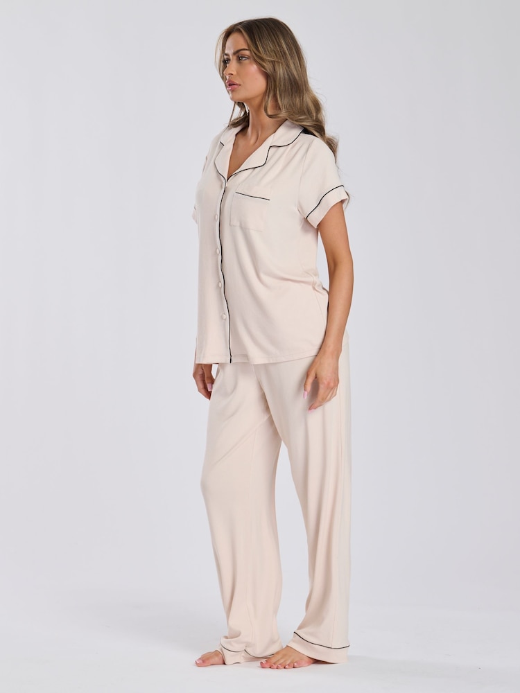 Loungeable Cream Rib Jersey Short Sleeve Traditional And Long Pyjamas - Image 2 of 4