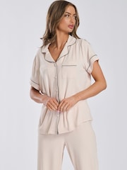 Loungeable Cream Rib Jersey Short Sleeve Traditional And Long Pyjamas - Image 4 of 4