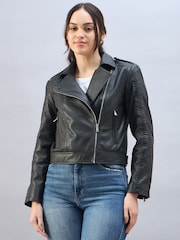 Urban Code Black Leather Biker Jacket With Whipstitching - Image 1 of 6