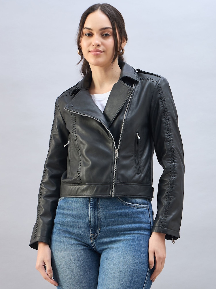 Urban Code Black Leather Biker Jacket With Whipstitching - Image 1 of 6