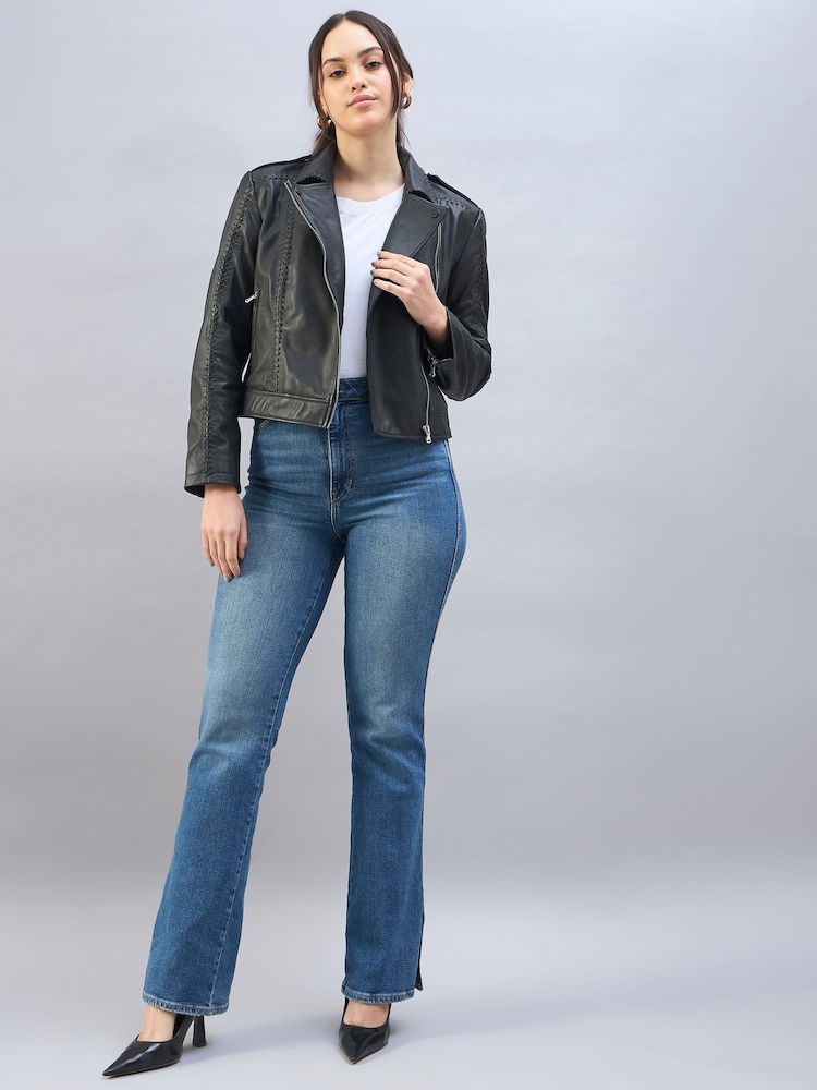 Urban Code Black Leather Biker Jacket With Whipstitching - Image 3 of 6
