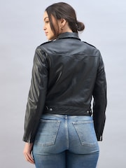 Urban Code Black Leather Biker Jacket With Whipstitching - Image 4 of 6