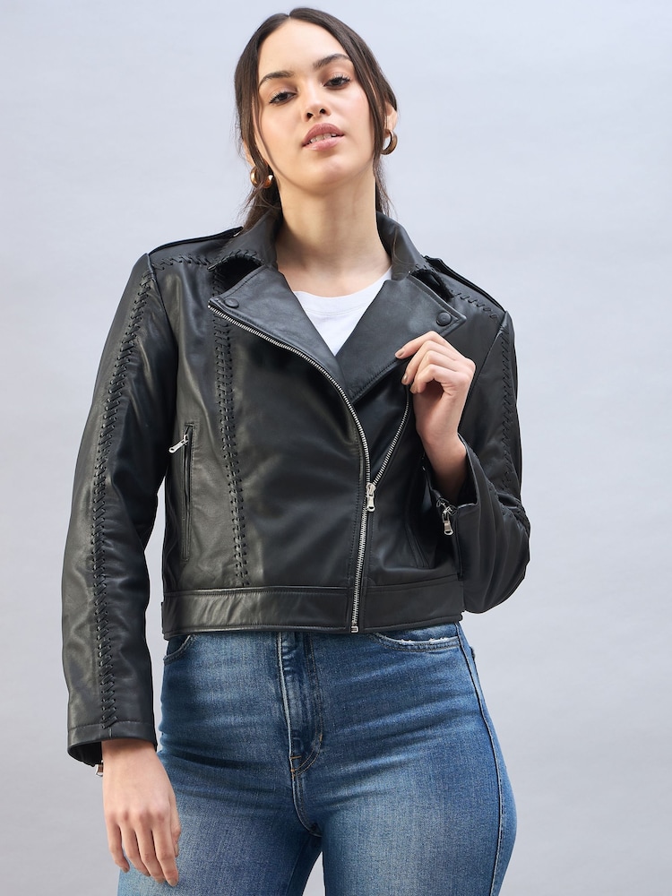 Urban Code Black Leather Biker Jacket With Whipstitching - Image 5 of 6