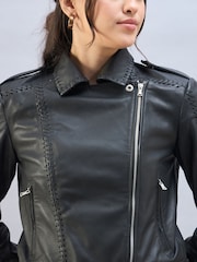 Urban Code Black Leather Biker Jacket With Whipstitching - Image 6 of 6