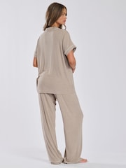 Loungeable Brown Rib Jersey Short Sleeve Traditional And Long Pyjamas - Image 2 of 5