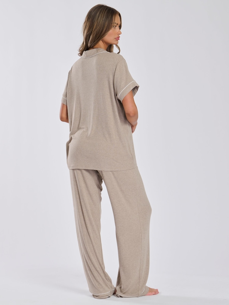 Loungeable Brown Rib Jersey Short Sleeve Traditional And Long Pyjamas - Image 2 of 5