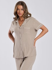 Loungeable Brown Rib Jersey Short Sleeve Traditional And Long Pyjamas - Image 3 of 5