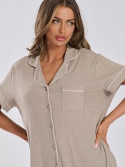 Loungeable Brown Rib Jersey Short Sleeve Traditional And Long Pyjamas - Image 5 of 5