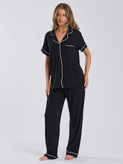 Loungeable Black Rib Jersey Short Sleeve Traditional And Long Pyjamas - Image 1 of 6