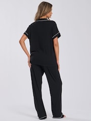 Loungeable Black Rib Jersey Short Sleeve Traditional And Long Pyjamas - Image 2 of 6