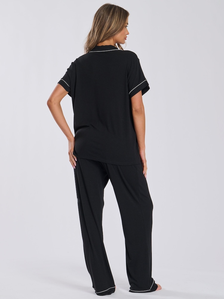 Loungeable Black Rib Jersey Short Sleeve Traditional And Long Pyjamas - Image 2 of 6