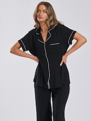 Loungeable Black Rib Jersey Short Sleeve Traditional And Long Pyjamas - Image 3 of 6