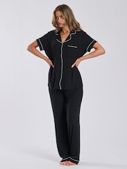 Loungeable Black Rib Jersey Short Sleeve Traditional And Long Pyjamas - Image 4 of 6