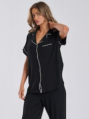 Loungeable Black Rib Jersey Short Sleeve Traditional And Long Pyjamas - Image 5 of 6