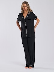 Loungeable Black Rib Jersey Short Sleeve Traditional And Long Pyjamas - Image 6 of 6