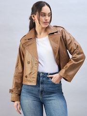 Urban Code Brown Cropped Leather Trench Jacket - Image 1 of 6