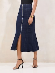 Lipsy Dark Wash Blue Fishtail Zip Front Midi Skirt - Image 2 of 5