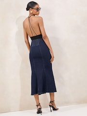 Lipsy Dark Wash Blue Fishtail Zip Front Midi Skirt - Image 5 of 5