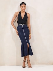 Lipsy Dark Wash Blue Petite Fishtail Zip Front Midi Skirt - Image 1 of 5