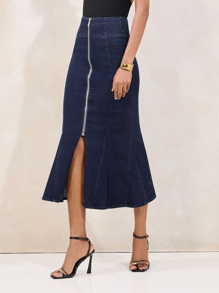 Lipsy Dark Wash Blue Petite Fishtail Zip Front Midi Skirt - Image 2 of 5