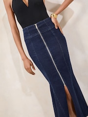 Lipsy Dark Wash Blue Petite Fishtail Zip Front Midi Skirt - Image 3 of 5