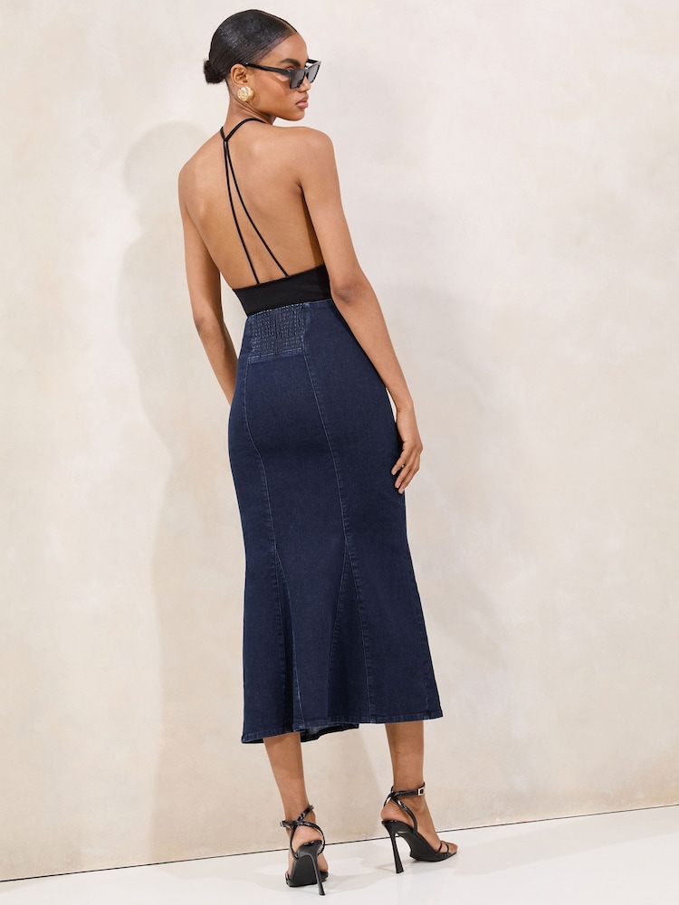 Lipsy Dark Wash Blue Petite Fishtail Zip Front Midi Skirt - Image 5 of 5