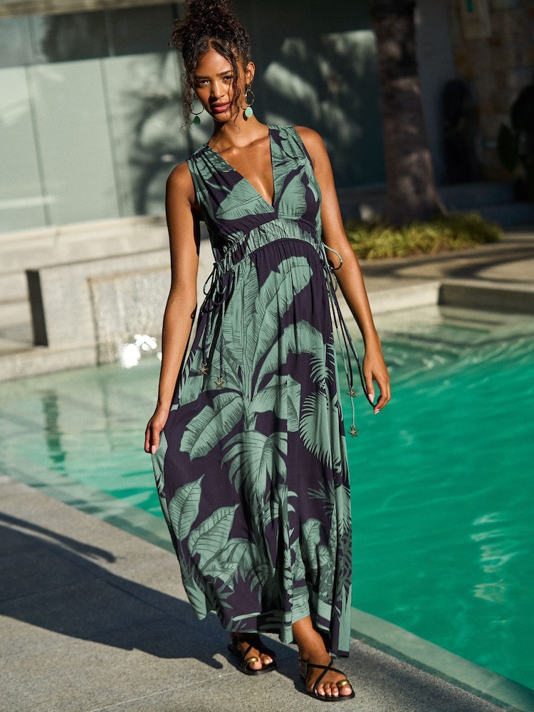 Friends Like These Black Tropical V-Neck Tie Waist Maxi Dress - Image 1 of 4