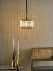 Dar Lighting Amber Ribbed Glass Natural Brass Demarius Pendant Ceiling Light - Image 1 of 6