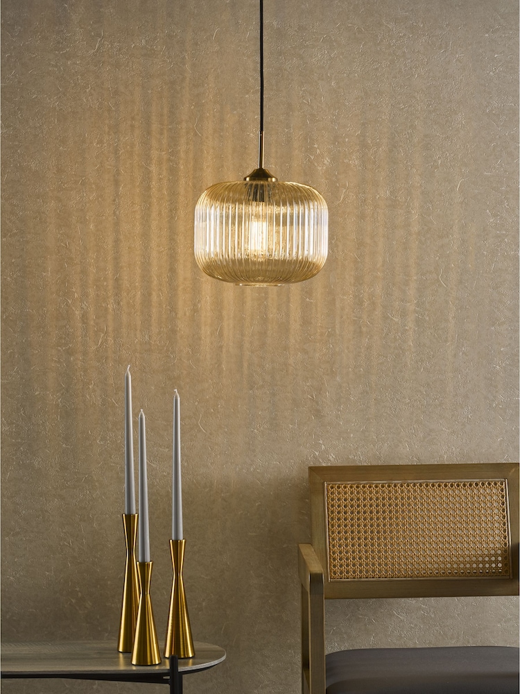 Dar Lighting Amber Ribbed Glass Natural Brass Demarius Pendant Ceiling Light - Image 1 of 6