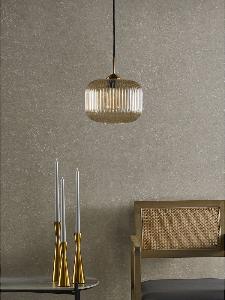Dar Lighting Amber Ribbed Glass Natural Brass Demarius Pendant Ceiling Light - Image 2 of 6