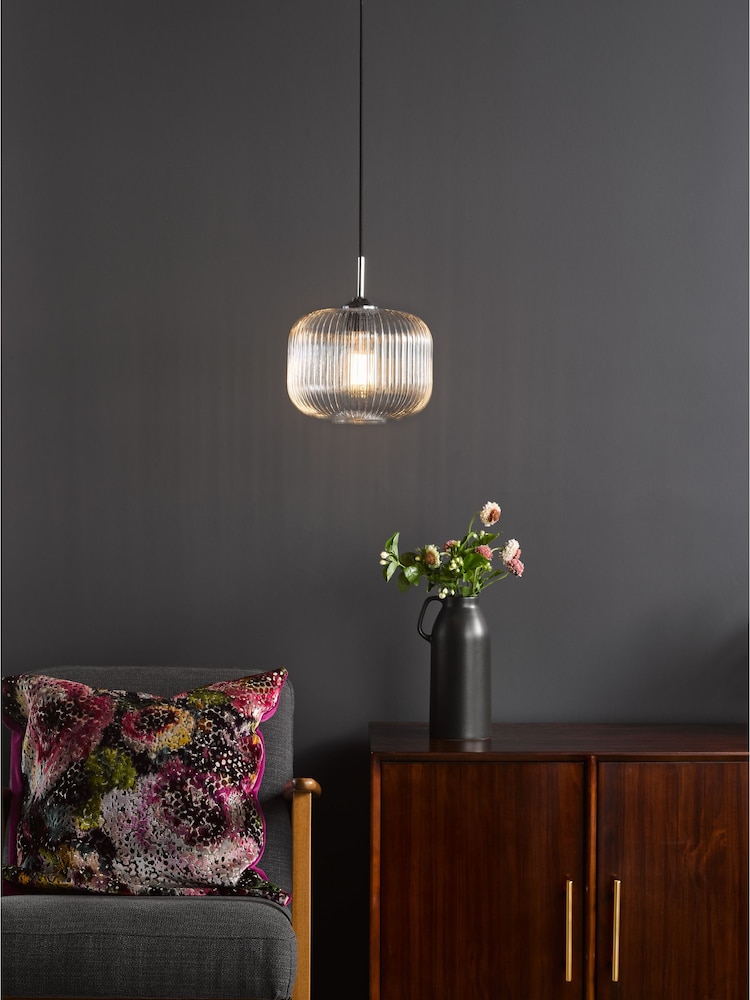 Dar Lighting Ribbed Glass Polished Chrome Demarius Pendant Ceiling Light - Image 1 of 5
