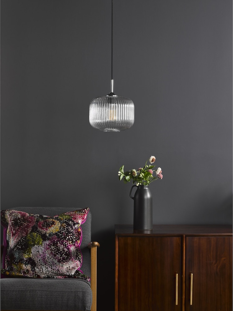 Dar Lighting Ribbed Glass Polished Chrome Demarius Pendant Ceiling Light - Image 2 of 5