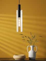 Dar Lighting Satin Black Ribbed Glass Ruben Pendant Ceiling Light - Image 1 of 7