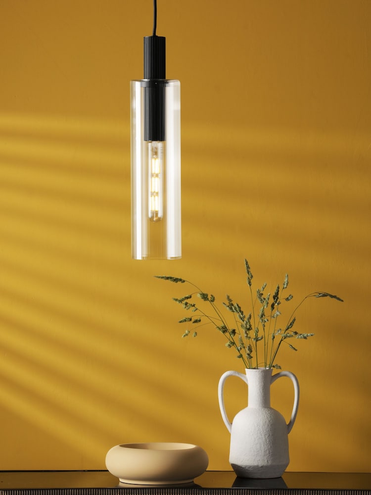 Dar Lighting Satin Black Ribbed Glass Ruben Pendant Ceiling Light - Image 1 of 7