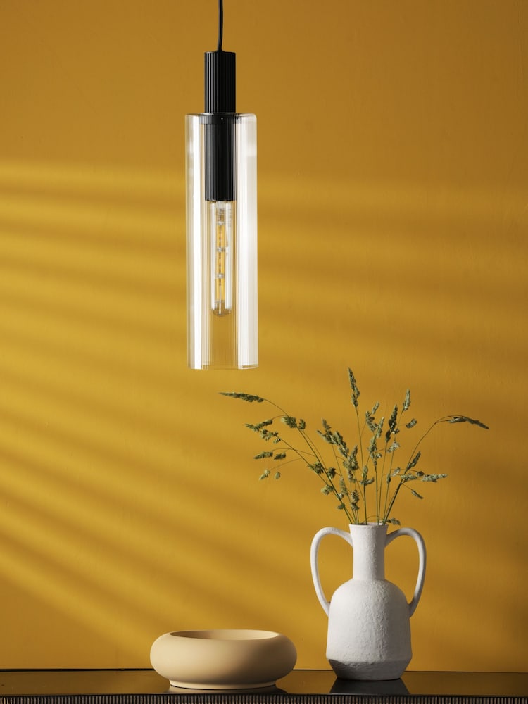 Dar Lighting Satin Black Ribbed Glass Ruben Pendant Ceiling Light - Image 2 of 7