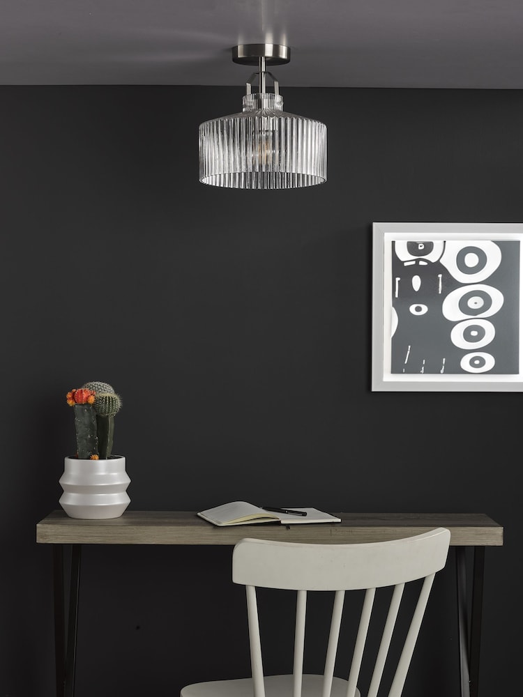 Dar Lighting Satin Nickel Ribbed Glass Lenka Semi Flush Ceiling Light - Image 2 of 5