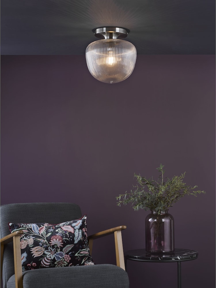 Dar Lighting Brushed Nickel  Ribbed Glass Abrielle Flush Ceiling Light - Image 1 of 6