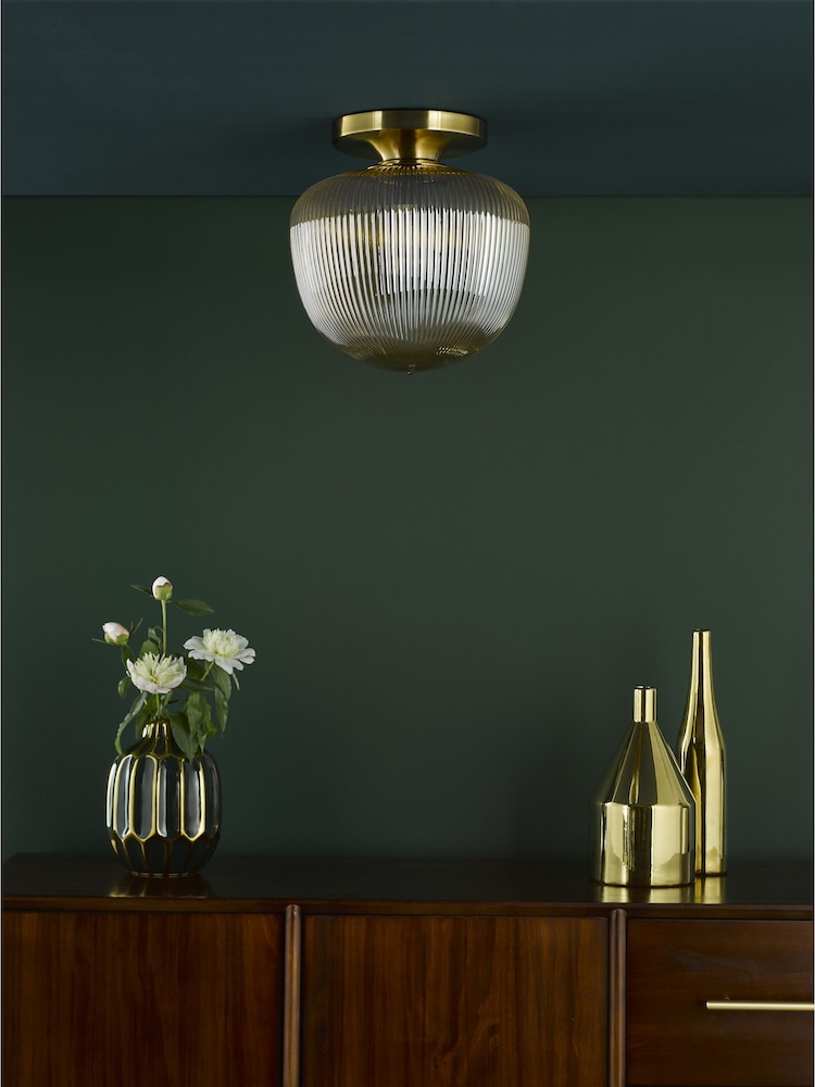 Dar Lighting Brushed Bronze Amber Ribbed Glass Abrielle Flush Ceiling Light - Image 2 of 6