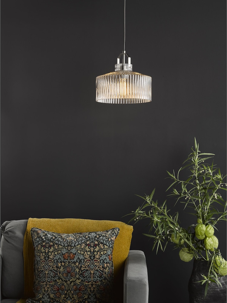 Dar Lighting Satin Nickel Ribbed Glass Lenka Pendant Ceiling Light - Image 1 of 5